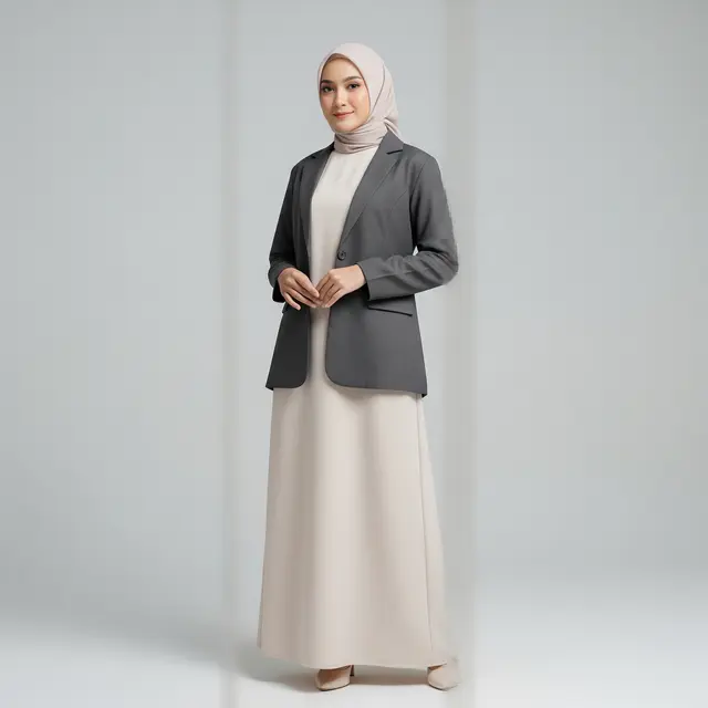Gamis Semi-Formal dengan Blazer Minimalis Warna Netral