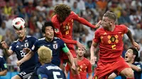 Timnas Belgia bermain 2-2 kontra Jepang sepanjang 90 menit fase 16 besar Piala Dunia 2018, di Rostov Arena, Senin (2/7/2018) waktu setempat. Skor imbang membuat laga berlanjut ke perpanjang waktu. (AFP/Filippo Monteforte)