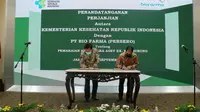 Menteri Kesehatan Terawan Agus Putranto bersama Direktur Utama Bio Farma Honesti Basyir menandatangani perjanjian tentang Pemakaian Sementara Aset Eks Flu Burung. Foto: dok. Kemenkes