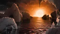 Ilustrasi yang menggambarkan Sistem Trappist-1 yang dibuat oleh NASA, Washington, AS, Rabu (22/2). Sekalipun saat ini planet-planet itu tidak dihuni kehidupan, tapi kehidupan masih bisa berkembang di sana. (AP Photo/ NASA / JPL-Caltech)