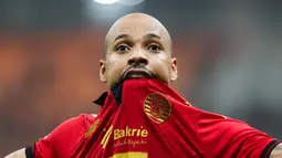 Pemain Persija Jakarta, Gustavo Almeida, melakukan selebrasi setelah mencetak gol ke gawang Bali United pada laga BRI Liga 1 di Stadion Jakarta International Stadium (JIS), Jakarta, Sabtu (10/5/2025) malam WIB. (Bola.com/Abdul Aziz)