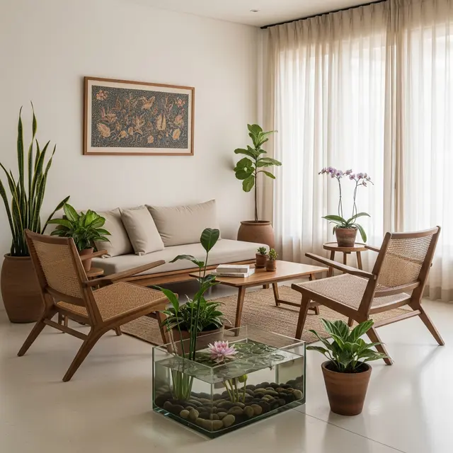 Model Ruang Tamu dengan Tanaman Hias dan Kolam Mini