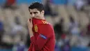 Para striker Spanyol, termasuk Alvaro Morata mulai frustrasi usai selalu gagal memanfaatkan peluang di mulut gawang Swedia. (Foto: AP/Pool/Pierre Philippe Marcou)