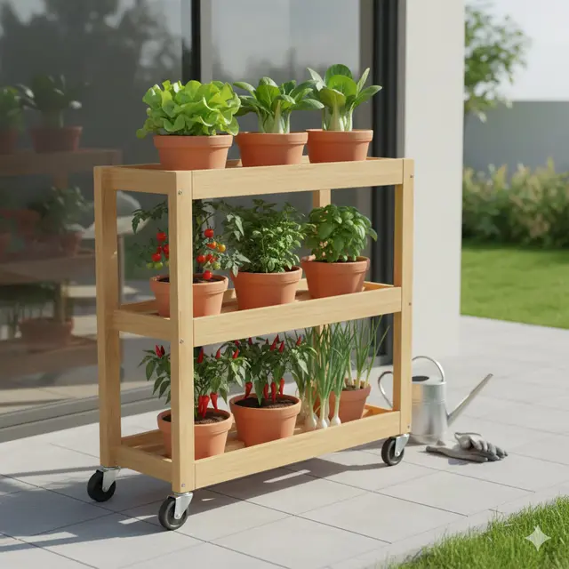 Rak Kayu dengan Penyangga Roda (Mobile Shelving) (Gemini AI)