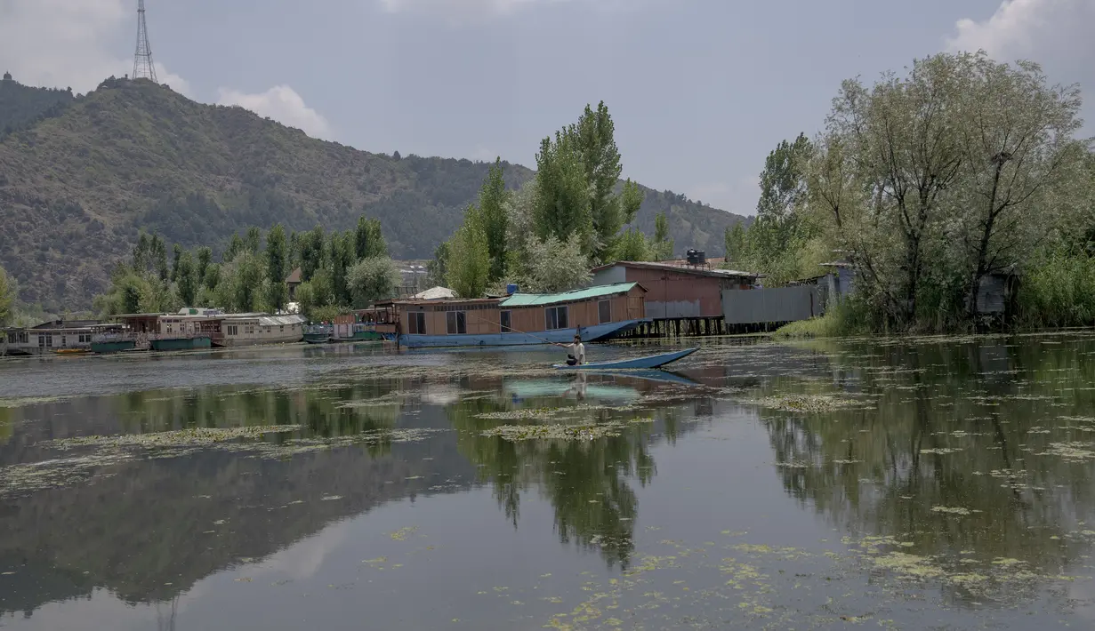 Seorang pria mengendarai shikara atau gondola tradisional untuk menangkap ikan di Danau Dal, Srinagar, Kashmir, India, Rabu (22/7/2020). Danau Dal terkenal dengan airnya yang jernih dan tenang. (AP Photo/Dar Yasin)