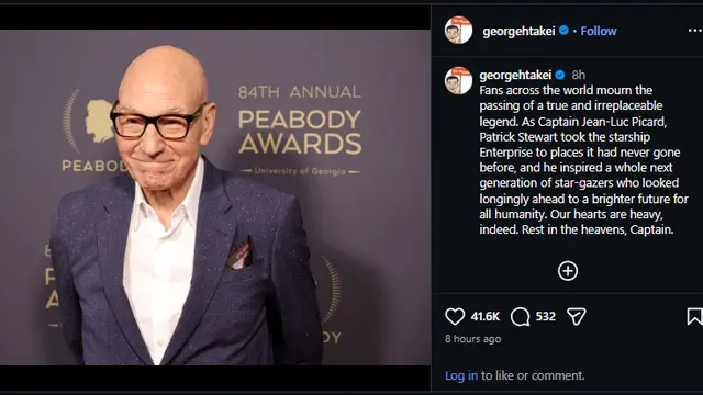 George Takei ucapkan belasungkawa atas kepergian Patrick Stewart. (Instagram.com/georgehtakei)