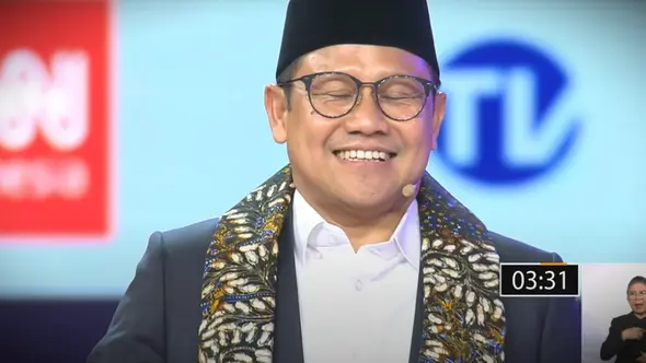 <p>Calon Wakil Presiden Muhaimin Iskandar atau Cak Imin di arena debat cawapres perdana di JCC Senayan, Jakarta, Jumat (22/12/2023). (Foto: Tangkapan layar dari Youtube KPU).</p>