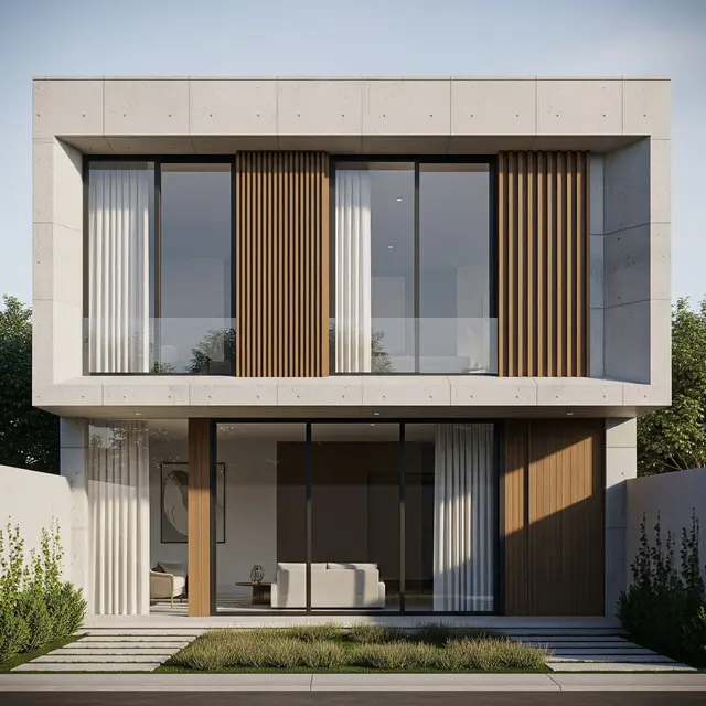 Fasad Modern dari Perpaduan Beton, Kaca, dan Kayu (AI Generated)
