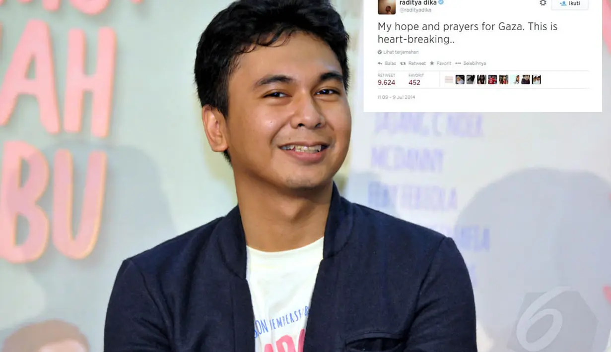 Penulis Raditya Dika pun berdoa untuk keselamatan warga Palestina melalui akun twitternya. (Liputan6.com/Panji Diksana)
