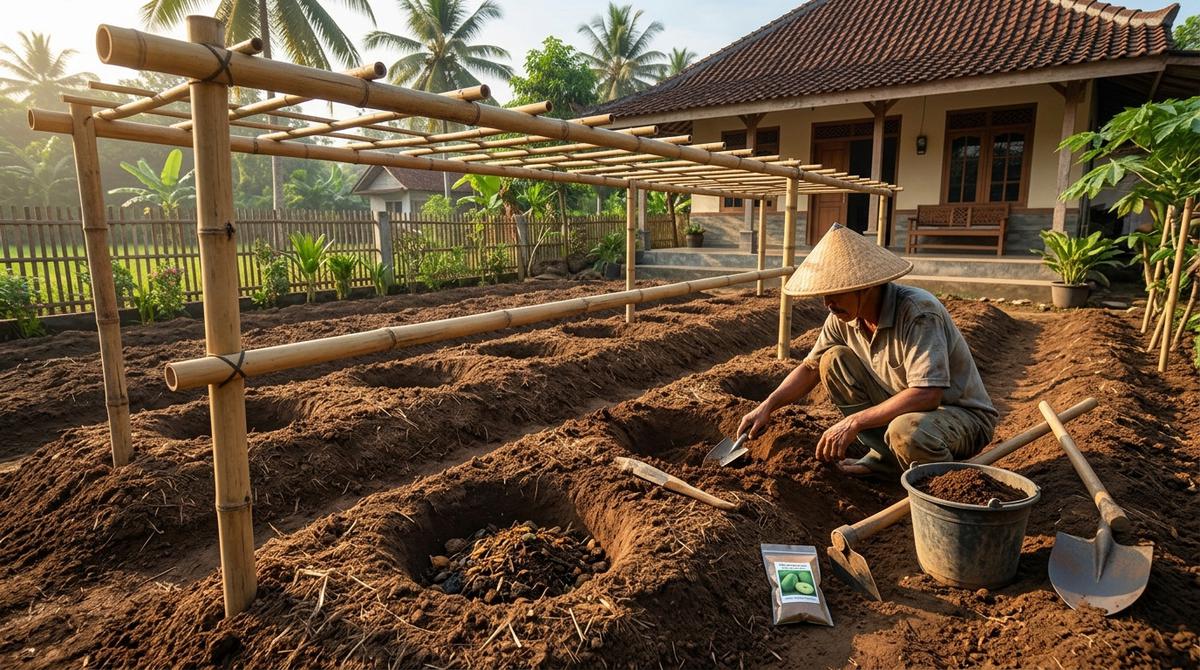 Cara Menanam Labu Kundur di Pekarangan dengan Rambatan Terarah (AI Generated)