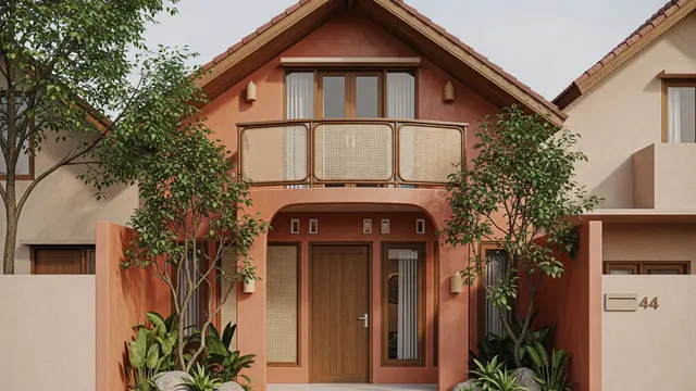 Desain Natural Earthy dengan Balkon Anyaman Rotan