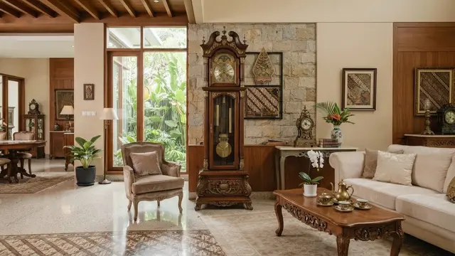 Ide dekorasi rumah menggunakan perabot antik model menghadirkan jam antik sebagai hiasan, yang bikin interior jadi terasa mewah dan elegan