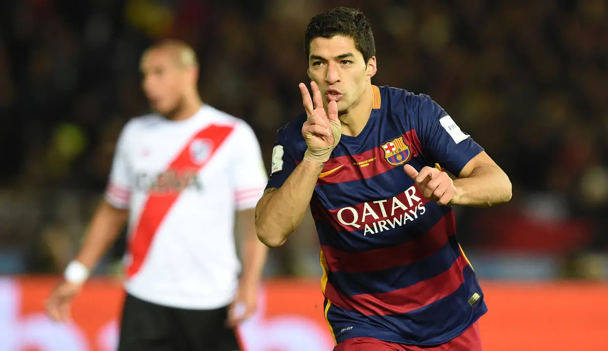 Luis Suarez memenangkan satu-satunya gelar Piala Dunia Klub FIFA bersama Barcelona pada tahun 2015. Suarez mencetak hampir 200 gol untuk klub, dengan lima di antaranya terjadi di Piala Dunia Antarklub FIFA. (AFP/Toshifumi Kitamura)