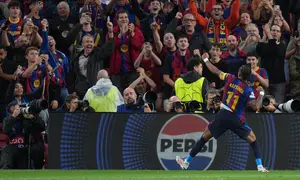 Pemain Barcelona Raphinha merayakan gol dalam laga Liga Champions antara Barcelona vs Feyenoord di Barcelona, Spanyol, Rabu, 9 September 2026. (AP Photo/Emilio Morenatti)