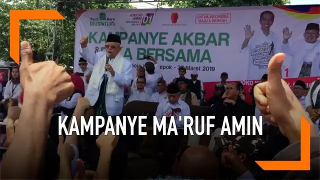 Cawapres nomor urut 01 Ma'ruf Amin menggelar kampanye akbar dan doa bersama di Depok Jawa Barat hari Sabtu (30/3). Ia optimistis pasangan Jokowi-Ma'ruf bisa raih kemenangan di Depok dengan capaian suara 70 persen.