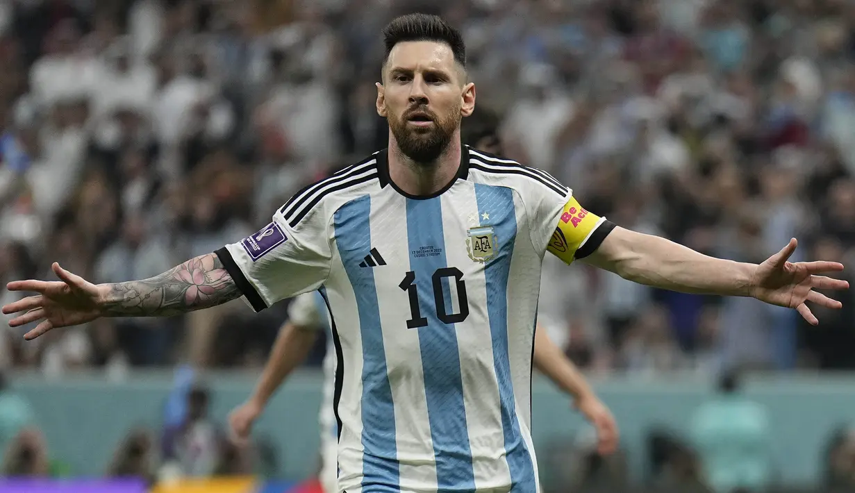 Dengan 11 golnya di Piala Dunia, Lionel Messi juga berhasil memecahkan rekor striker Jerman, Thomas Muller sebagai pemain aktif dengan jumlah gol terbanyak di Piala Dunia dengan 10 gol. (AP Photo/Martin Meissner)