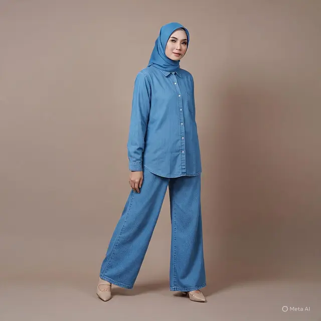 Kemeja Denim dengan Wide Leg Pants