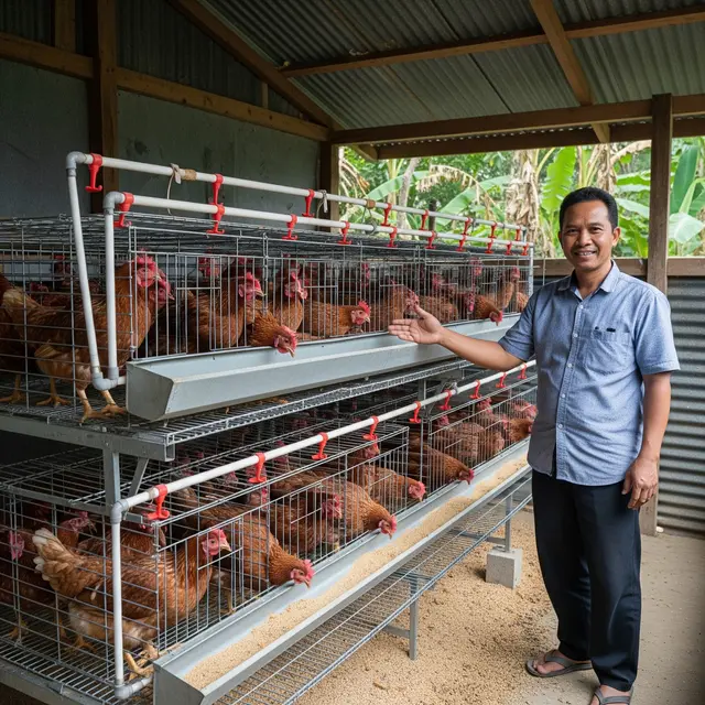 Ternak ayam petelur dengan kandang baterai rumahan (Gemini AI)
