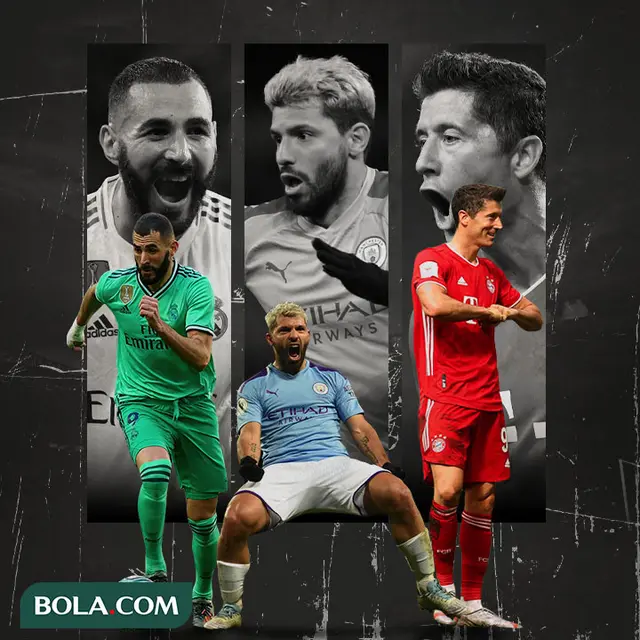 Ilustrasi - Karim Benzema, Sergio Aguero, Robert Lewandowski