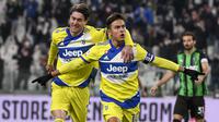 Juventus yang menjamu Sassuolo di babak perempatfinal Coppa Italia, Kamis (11/2/2022) berhasil menang dengan skor 2-1. Juventus unggul terlebih dahulu pada menit ke-3 melalui sepakan voli Paulo Dybala usai memanfaatkan bola muntah hasil tendangan Weston McKennie. (LaPresse via AP/Fabio Ferrari)