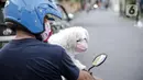 Seorang warga membawa anjing peliharaannya yang menggunakan masker di Jakarta, Selasa (12/5/2020). Masker yang dipasangkan oleh pemiliknya tersebut untuk melindungi anjing dari polusi udara serta mengantisipasi tertular virus corona COVID-19. (Liputan6.com/Faizal Fanani)