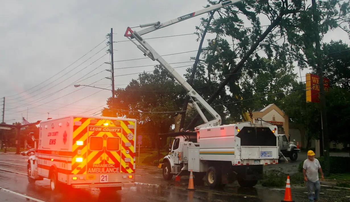 Petugas pemotong ranting dan ambulans telah tiba di lokasi usai Badai Hermine bertiup melalui Tallahassee, Florida (2/9). Pusat Topan Nasional AS mengabarkan badai itu akan semakin menguat dalam waktu 36 jam berikutnya. (REUTERS / Phil Sears)