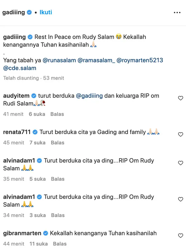 Unggahan Gading Marten soal Rudy Salam meninggal dunia. (Foto: Dok. Instagram @gadiiing)