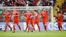 Pemain Swiss Haris Seferovic (kedua kanan) merayakan gol ke gawang Portugal bersama rekan satu timnya pada pertandingan sepak bola Grup A2 UEFA Nations League di Stadion Stade de Geneve, Jenewa, Swiss, 12 Juni 2022. Portugal kalah tipis 0-1 dari Swiss. (Michael Buholzer/Keystone via AP)