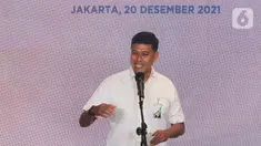 Direktur Utama BPJamsostek Anggoro Eko Cahyo memberi sambutan pada peluncuran kerjasama perluasan kemudahan daftar dan bayar iuran jaminan sosial ketenagakerjaan melalui kantor pos di seluruh Indonesia dan platform digital Pospay di Jakarta, Senin (20/12/2021) (Liputan6.com/HO/BPJS)