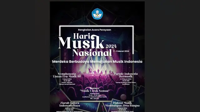 Kementerian Pendidikan, Kebudayaan, Riset, dan Teknologi (Kemendikbudristek) akan menyelenggarakan serangkaian kegiatan dalam memperingati Hari Musik Nasional yang jatuh setiap 9 Maret.