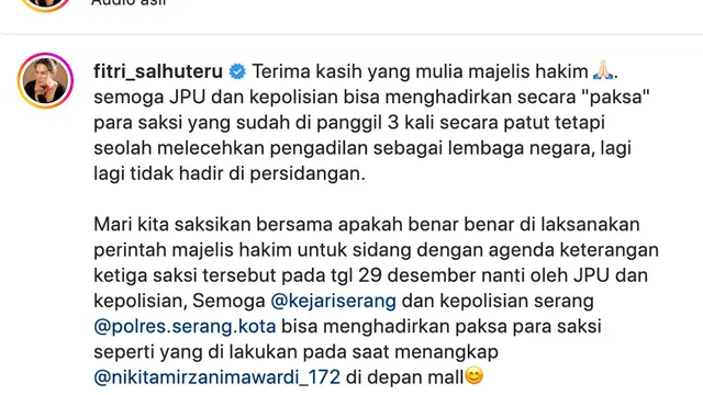 Unggahan Fitri Salhuteru soal kasus Nikita Mirzani. (Foto: Dok. Instagram @fitri_salhuteru)