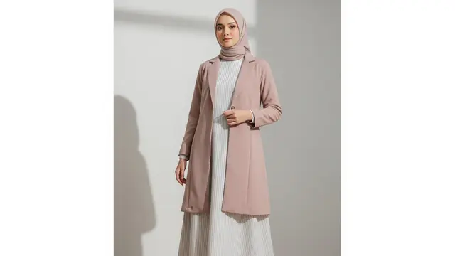 Gamis Syar’i Motif Subtle + Blazer Solid untuk Keseimbangan Visual