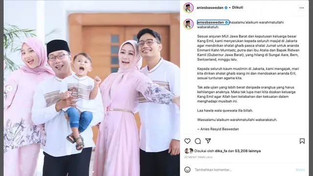 Unggahan Anies Baswedan soal Eril anak Ridwan Kamil. (Foto: Dok. Instagram @aniesbaswedan)