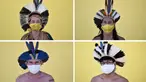 Pemimpin dan ketua kelompok etnis Pataxo Hahahae, Angoho (kiri atas), Hayo (kanan atas) dan anggota kelompok etnis Pataxo Hahahae, Juari (kiri bawah), Hatxotxay (kanan bawah) mengenakan masker saat difoto di Vila Vitoria favela di Belo Horizonte, Brasil (8/7/2020). (AFP/Douglas Magno)