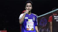 Ekspresi pemain Musica Trinity, Anthony Sinisuka Ginting, setelah mengalahkan wakil Jaya Raya, Tommy Sugiarto, pada Djarum Superliga Badminton 2019, Jumat (22/2/2019). (PBSI)