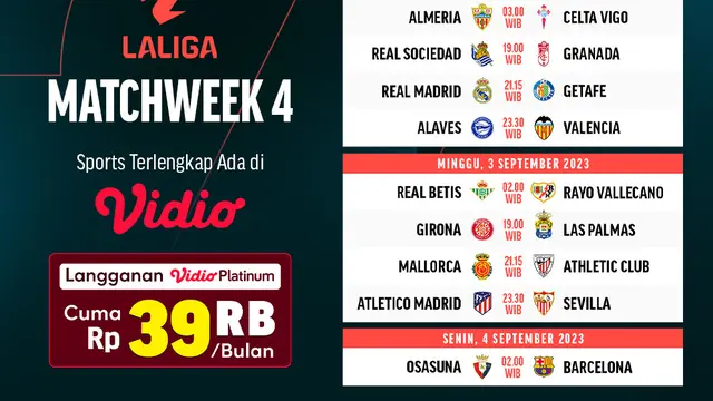 Jadwal Live Streaming Liga Spanyol 2023/2024 Matchweek 4 di Vidio, 2-4 September 2023