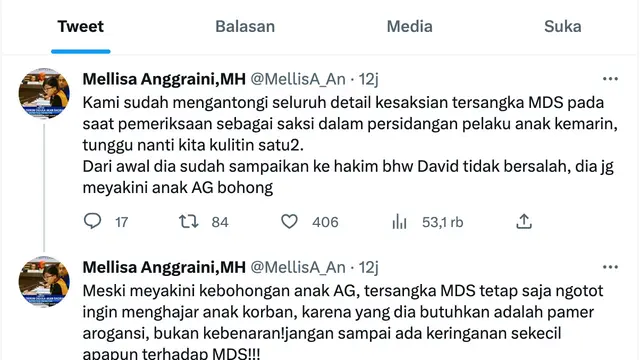 Cuitan Mellisa Anggraini soal kesaksian Mario Dandy Satriyo. (Foto: Dok. Twitter @MellisA_An)