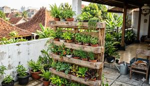 Inspirasi rak tanam sederhana dari kayu bekas untuk kebun rumah. [Foto: Gemini]
