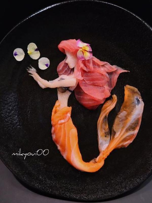 Ariel, karakter Disney yang dibuat dalam versi sashimi. (dok. Instagram @mikyoui00/https://www.instagram.com/p/Buf9bC-nZ1k/Dinny Mutiah)