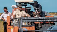 Foto yang diambil dan dirilis pada tanggal 3 November 2024 oleh Istana Kepresidenan Indonesia ini menunjukkan Presiden Indonesia Prabowo Subianto (tengah) sedang mengoperasikan mesin pemanen modern atau combine harvester di sebuah ladang yang digarap sebagai bagian dari skema nasional untuk mencapai swasembada pangan, dalam kunjungannya ke desa Telaga Sari, Merauke, Provinsi Papua Selatan. (Foto: Handout/ISTANA KEPRESIDENAN RI/AFP)