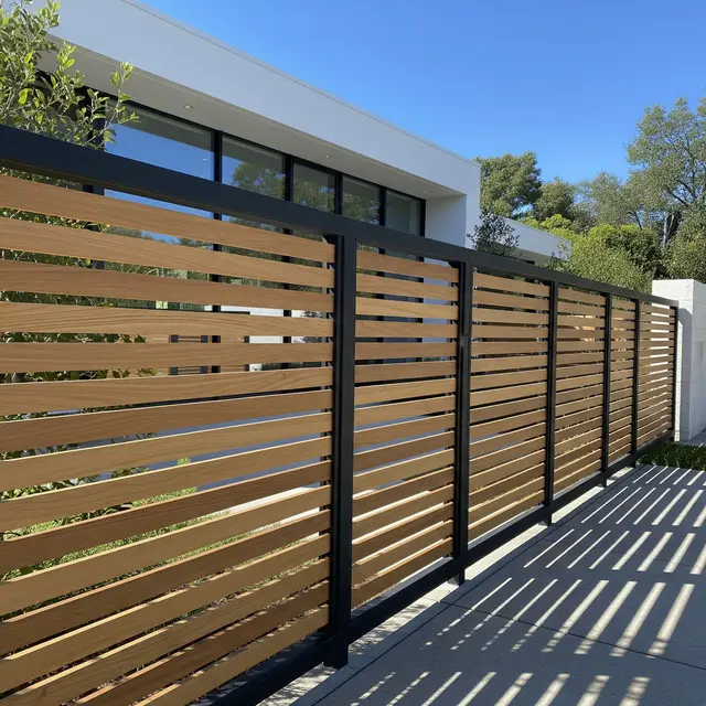 Model Pagar Rumah Modern Tanpa Motif Ramai dengan Sentuhan Kayu Natural (Image by Gemini AI)