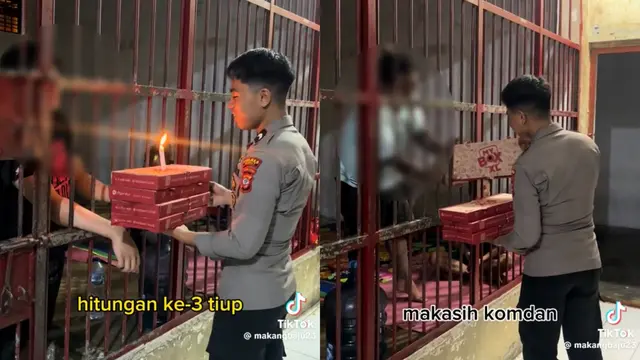 Viral di TikTok Ketika Seorang Polisi Memberikan Kejutan Ulang Tahun pada Tahanan di Lapas. Momen itu Membuat Tahanan yang Berulang Tahun Menangis Terharu (Sumber: TikTok @makangbaju23)