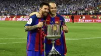 Andres Iniesta. Merupakan senior Lionel Messi di La Masia. Selama 14 tahun bermain bersama hingga 2018, Andres Iniesta merupakan pemberi assist terbanyak bagi gol-gol Lionel Messi. (Foto: AFP/Ander Gillenea)