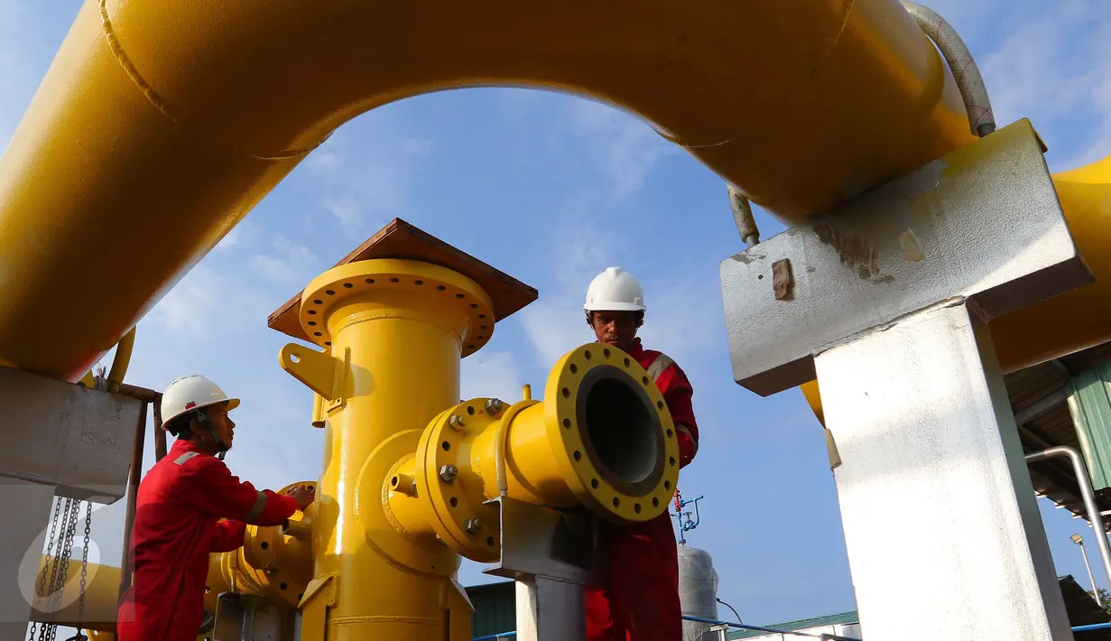 Pekerja mengontrol pengerjaan pipa gas open access di Desa Segaramakmur, Tarumajaya, Kabupaten Bekasi, (8/8). Pengeboran horizontal secara langsung (HDD) yang merupakan rangkaian pipa gas ruas Muara Karang-Muara Tawar. (Liputan6.com/Angga Yuniar)