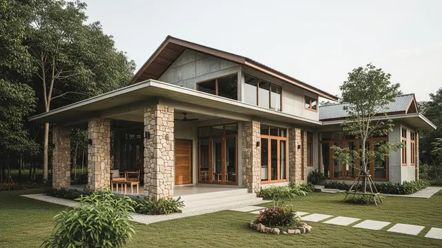 Desain Kombinasi Batu Alam dan Semen Kasar yang Bikin Rumah Kampung Lebih (AI)