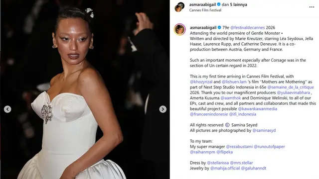 Asmara Abigail Debut di Cannes 2026, Rayakan Kekuatan Wanita dengan Gaun Putih Stella Rissa