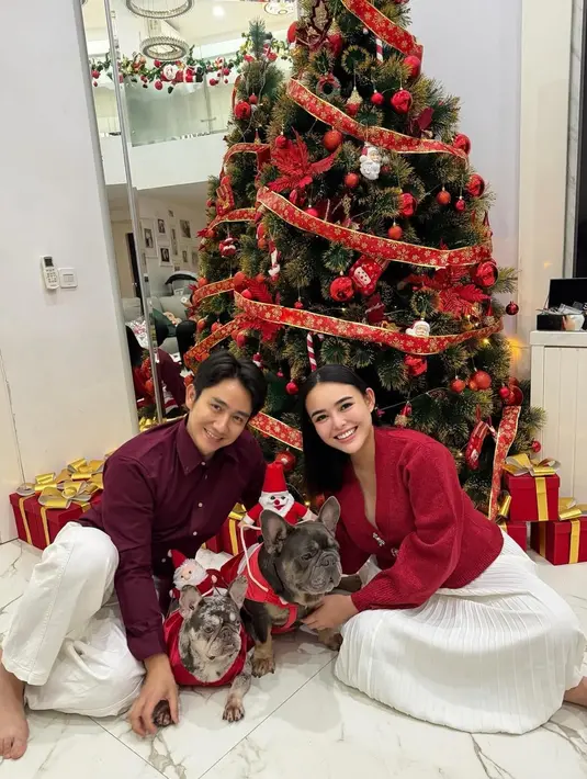 Amanda Manopo untuk pertama kalinya merayakan Natal sebagai istri dari Kenny Austin. Berfoto di pohon Natal, Amanda tampil dengan atasan knit lengan panjang dipadu rok pleated putih. [@amandamanopo]
