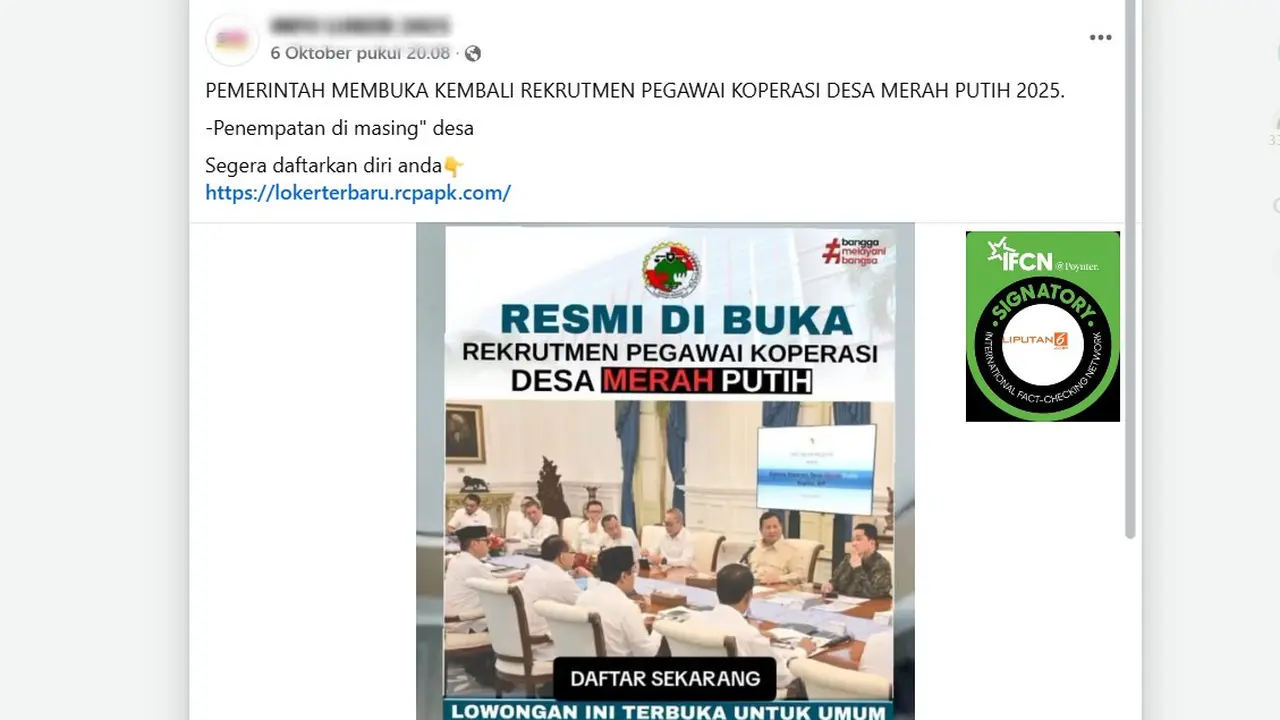 Tangkapan layar tautan pendaftaran rekrutmen pegawai Koperasi Desa Merah Putih 2025 yang beredar di Facebook.
