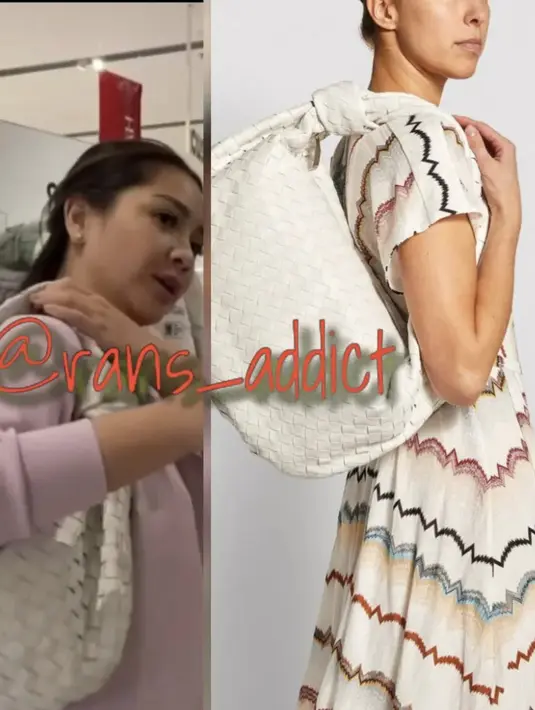 Mengenakan tas bernuansa putih dengan aksen anyaman. Nagita Slavina kenakan Bottega Veneta Medium Jodie Rp. 67.748.175,00.