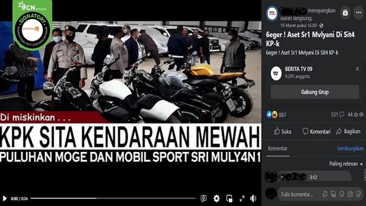 Gambar Tangkapan Layar Kabar Hoaks Aset Menteri Keuangan Sri Mulyani Disita Komisi Pemberantasan Korupsi (KPK) (sumber: Facebook).